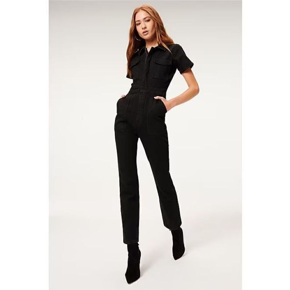 Good American Women's Fit for Success Denim Jumpsuit Short Sleeves Black Size 2